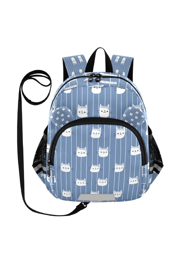 Adorable Ear-Print Backpack with Reflective Strip and Anti-Lost Leash Adjustable Shoulder Straps Mini Travel Backpack White Cat Face Pattern