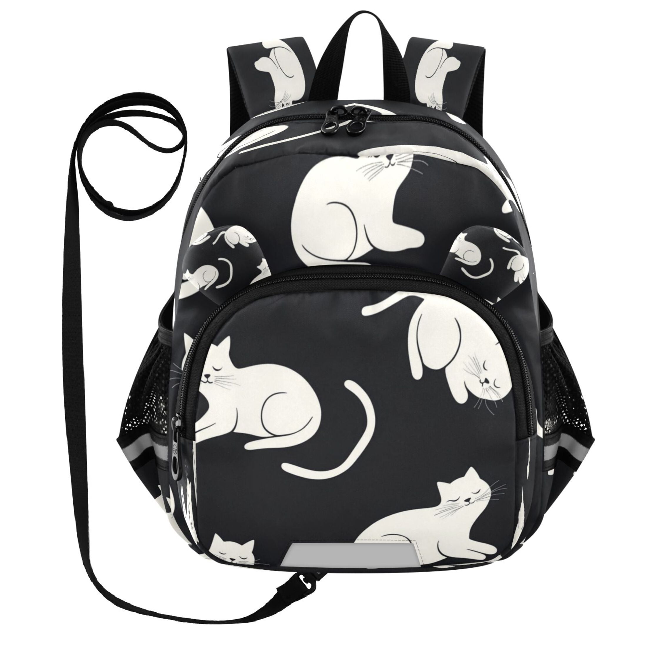 RMDQTR Adorable Ear-Print Backpack with Reflective Strip and Anti-Lost Leash Adjustable Shoulder Straps Mini Travel Backpack White Cats