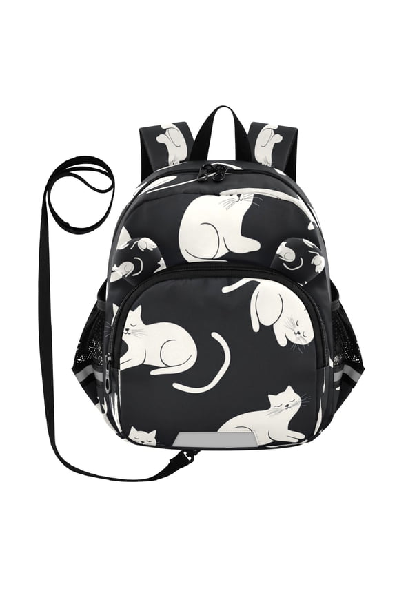 Adorable Ear-Print Backpack with Reflective Strip and Anti-Lost Leash Adjustable Shoulder Straps Mini Travel Backpack White Cats