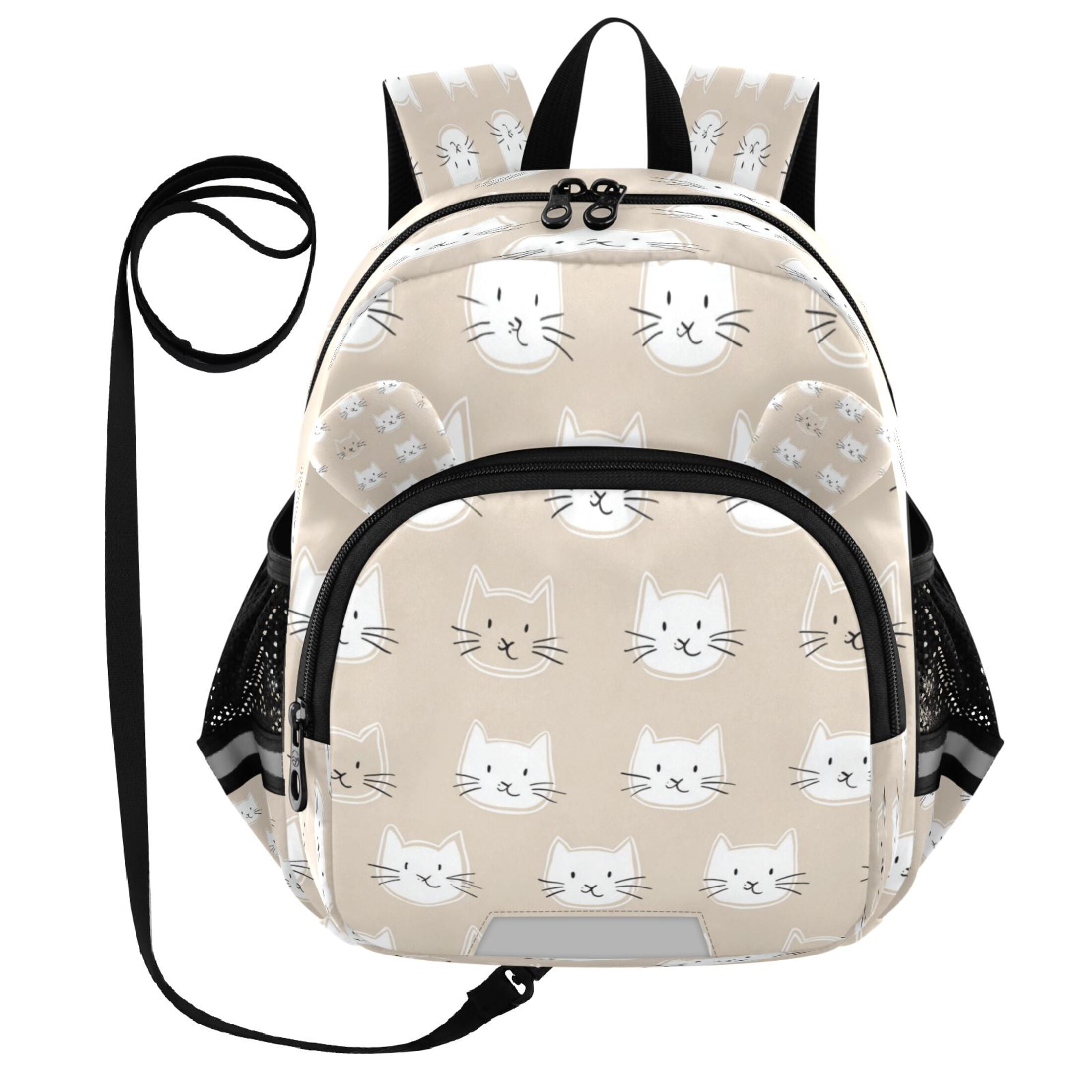 RMDQTR Adorable Ear-Print Backpack with Reflective Strip and Anti-Lost Leash Adjustable Shoulder Straps Mini Travel Backpack White Color Cat Faces