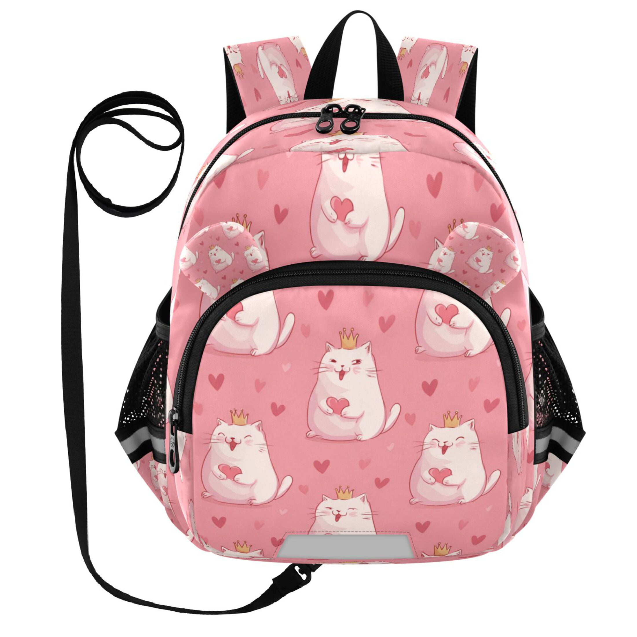 RMDQTR Adorable Ear-Print Backpack with Reflective Strip and Anti-Lost Leash Adjustable Shoulder Straps Mini Travel Backpack White Fat Cat