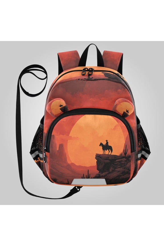 Adorable Ear-Print Backpack with Reflective Strip and Anti-Lost Leash Adjustable Shoulder Straps Mini Travel Backpack Wild West Horse Rider