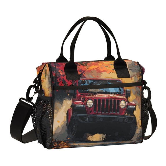 RMDQTR Autumn Trail Red Off-road Jeep Large Tote Lunch Bag, Multi-Compartment Waterproof Thermal Food Bag for Commute Office & Picnic Outings