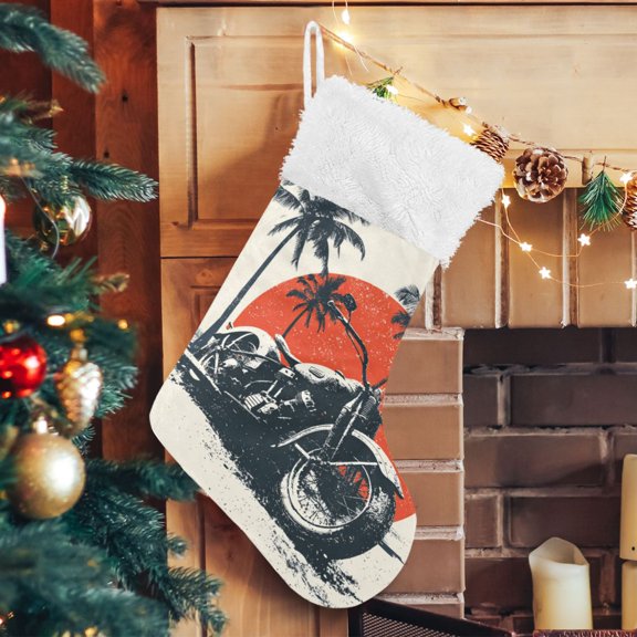 RMDQTR Christmas Stockings for Xmas Gifts - Large Size Festive Holiday Decor for Family Beach Palm Retro Motorcycle