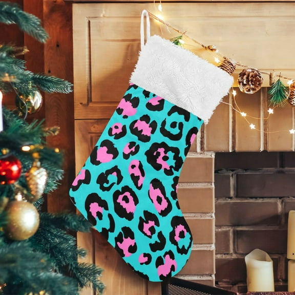 RMDQTR Christmas Stockings for Xmas Gifts - Large Size Festive Holiday Decor for Family Blue Pink Leopard