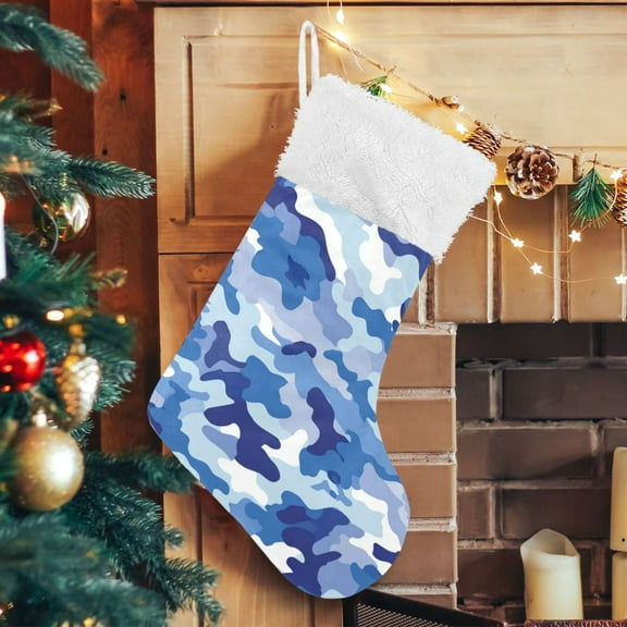 RMDQTR Christmas Stockings for Xmas Gifts - Large Size Festive Holiday Decor for Family Blue and White Camouflage