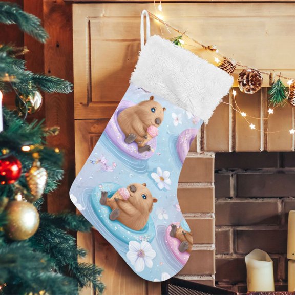 RMDQTR Christmas Stockings for Xmas Gifts - Large Size Festive Holiday Decor for Family Capybaras Eating Ice Cream