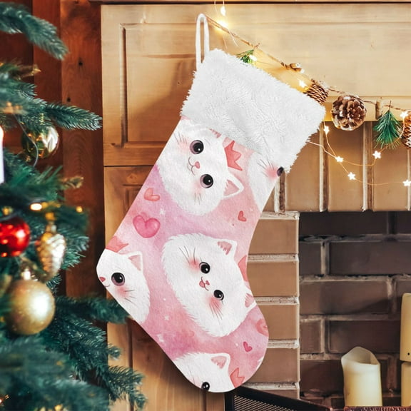 RMDQTR Christmas Stockings for Xmas Gifts - Large Size Festive Holiday Decor for Family Cat Faces and Pink Hearts