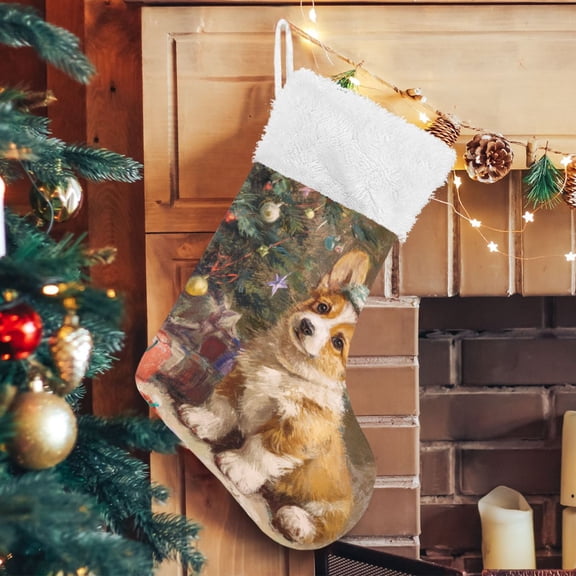 RMDQTR Christmas Stockings for Xmas Gifts - Large Size Festive Holiday Decor for Family Christmas Cute Corgi Puppy