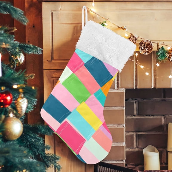 RMDQTR Christmas Stockings for Xmas Gifts - Large Size Festive Holiday Decor for Family Colorful Squares