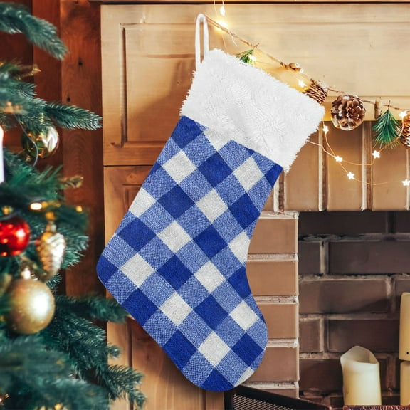 RMDQTR Christmas Stockings for Xmas Gifts - Large Size Festive Holiday Decor for Family Deep Blue Checkered