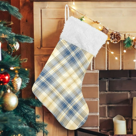 RMDQTR Christmas Stockings for Xmas Gifts - Large Size Festive Holiday Decor for Family Deep Blue and Yellow Tartan