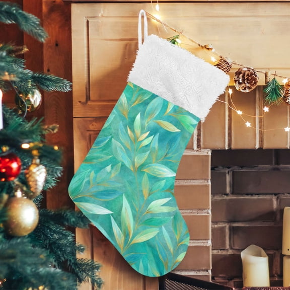 RMDQTR Christmas Stockings for Xmas Gifts - Large Size Festive Holiday Decor for Family Gold Teal Leaves