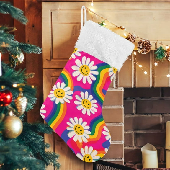 RMDQTR Christmas Stockings for Xmas Gifts - Large Size Festive Holiday Decor for Family Groovy Daisies with Smiley Faces