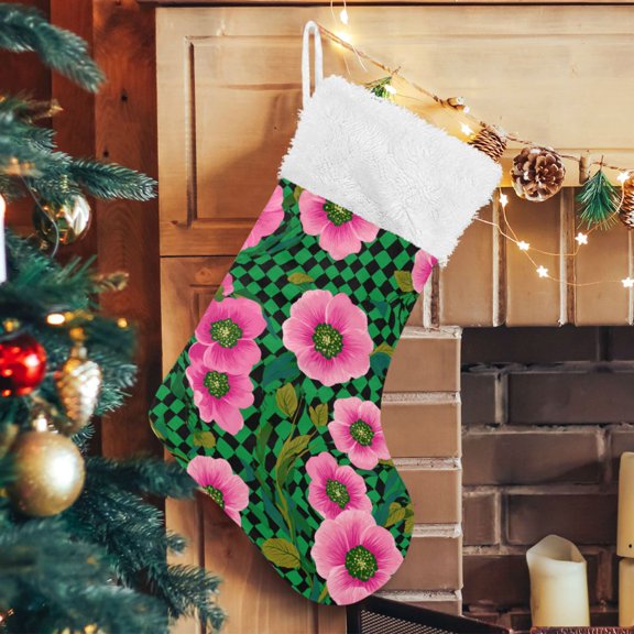 RMDQTR Christmas Stockings for Xmas Gifts - Large Size Festive Holiday Decor for Family Groovy Green and Pink Flowers