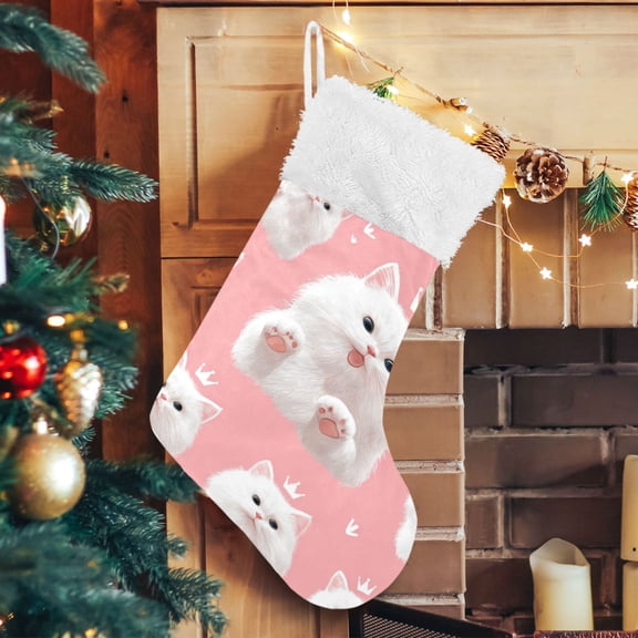 RMDQTR Christmas Stockings for Xmas Gifts - Large Size Festive Holiday Decor for Family Happy White Cat Face