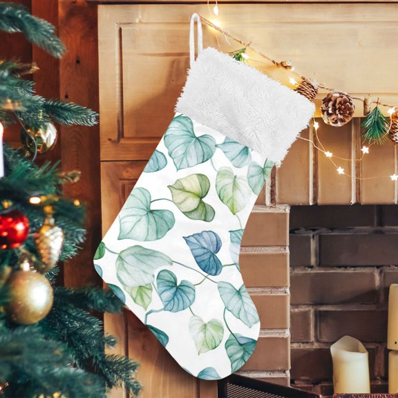 RMDQTR Christmas Stockings for Xmas Gifts - Large Size Festive Holiday Decor for Family Light Blue and Green Leaves