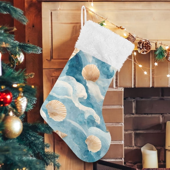 RMDQTR Christmas Stockings for Xmas Gifts - Large Size Festive Holiday Decor for Family Moody Coastal Beach Wave Design