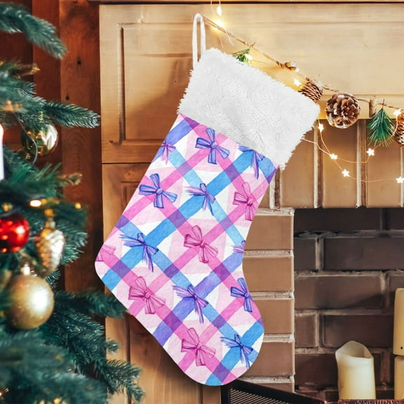RMDQTR Christmas Stockings for Xmas Gifts - Large Size Festive Holiday Decor for Family Pink and Blue Bows