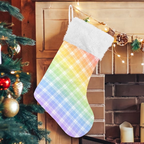 RMDQTR Christmas Stockings for Xmas Gifts - Large Size Festive Holiday Decor for Family Rainbow Ombre Plaid Design