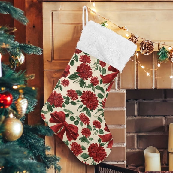 RMDQTR Christmas Stockings for Xmas Gifts - Large Size Festive Holiday Decor for Family Red Christmas Bows and Floral