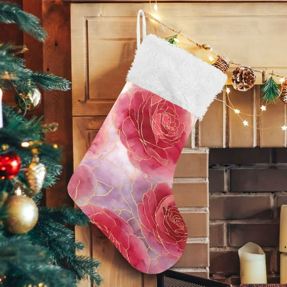 RMDQTR Christmas Stockings for Xmas Gifts - Large Size Festive Holiday Decor for Family Red Gold Rose Petals