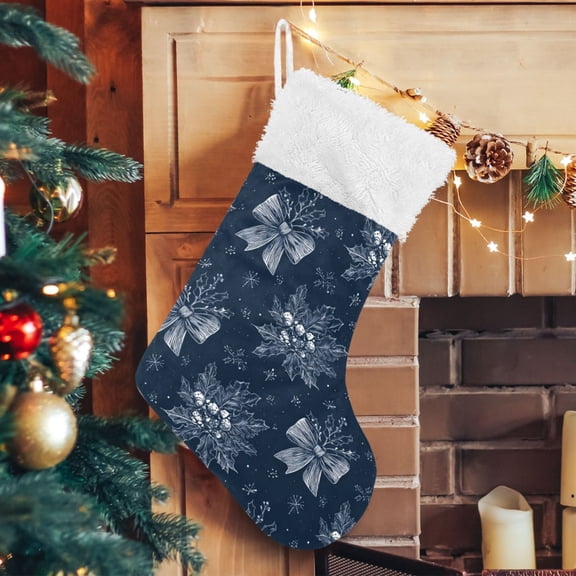 RMDQTR Christmas Stockings for Xmas Gifts - Large Size Festive Holiday Decor for Family Silver Christmas Bows Pattern
