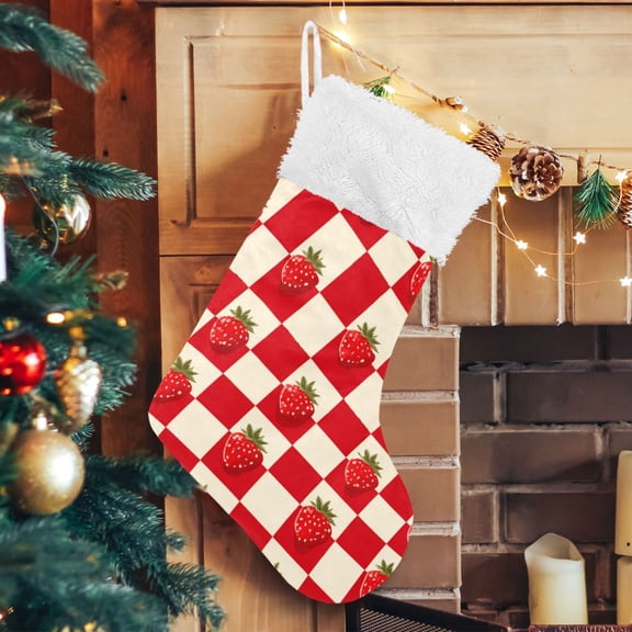 RMDQTR Christmas Stockings for Xmas Gifts - Large Size Festive Holiday Decor for Family Strawberries Checkered Tablecloth