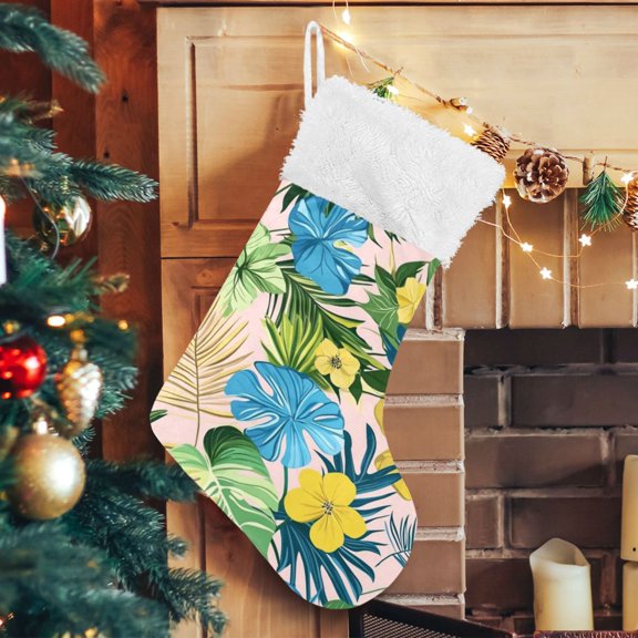 RMDQTR Christmas Stockings for Xmas Gifts - Large Size Festive Holiday Decor for Family Yelow Blue Tropical Floral
