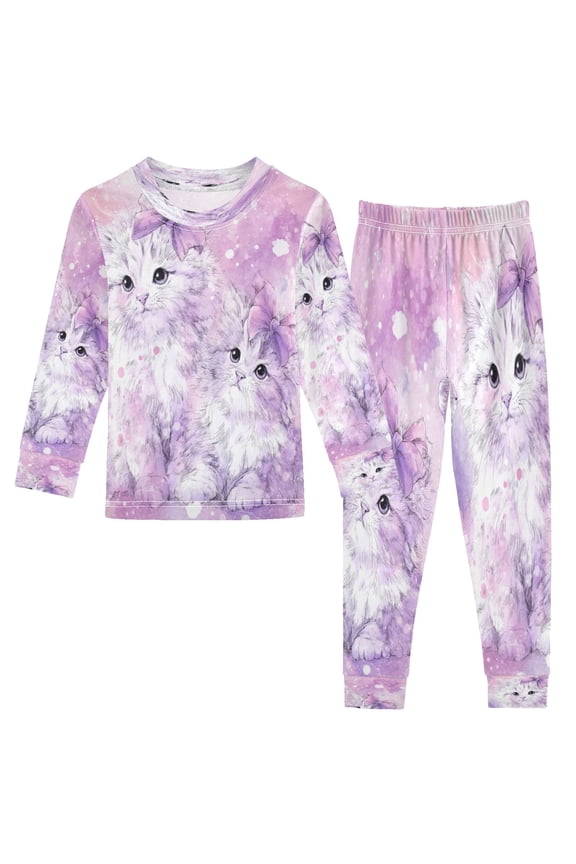 Cotton Pajama Set - 95% Cotton Soft Breathable Elastic Waist Round Neck Sleepwear for 18M-8Y Adorable Long-haired Kittens with Bows