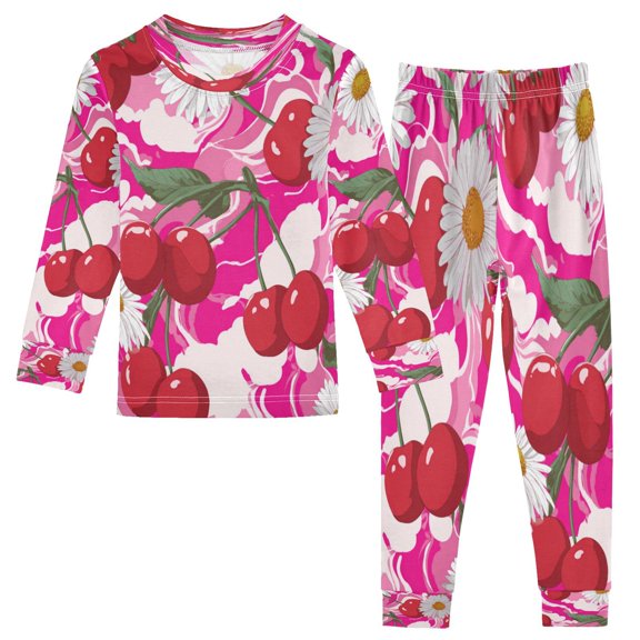 RMDQTR Cotton Pajama Set - 95% Cotton Soft Breathable Elastic Waist Round Neck Sleepwear for 18M-8Y Cherries and Daisies