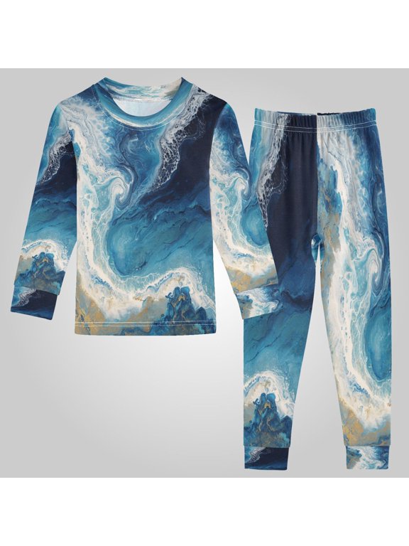 Cotton Pajama Set - 95% Cotton Soft Breathable Elastic Waist Round Neck Sleepwear for 18M-8Y Deep Blue Gilded Surf