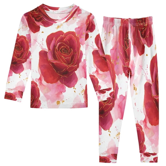 RMDQTR Cotton Pajama Set - 95% Cotton Soft Breathable Elastic Waist Round Neck Sleepwear for 18M-8Y Digital Art Red Roses Pattern