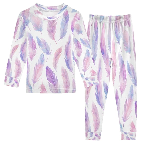 RMDQTR Cotton Pajama Set - 95% Cotton Soft Breathable Elastic Waist Round Neck Sleepwear for 18M-8Y Feathers in Soft Pinks