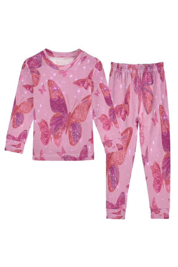 Cotton Pajama Set - 95% Cotton Soft Breathable Elastic Waist Round Neck Sleepwear for 18M-8Y Glittering Sequin Butterfly