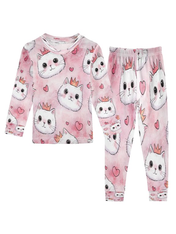 Cotton Pajama Set - 95% Cotton Soft Breathable Elastic Waist Round Neck Sleepwear for 18M-8Y Happy Crown Kitty
