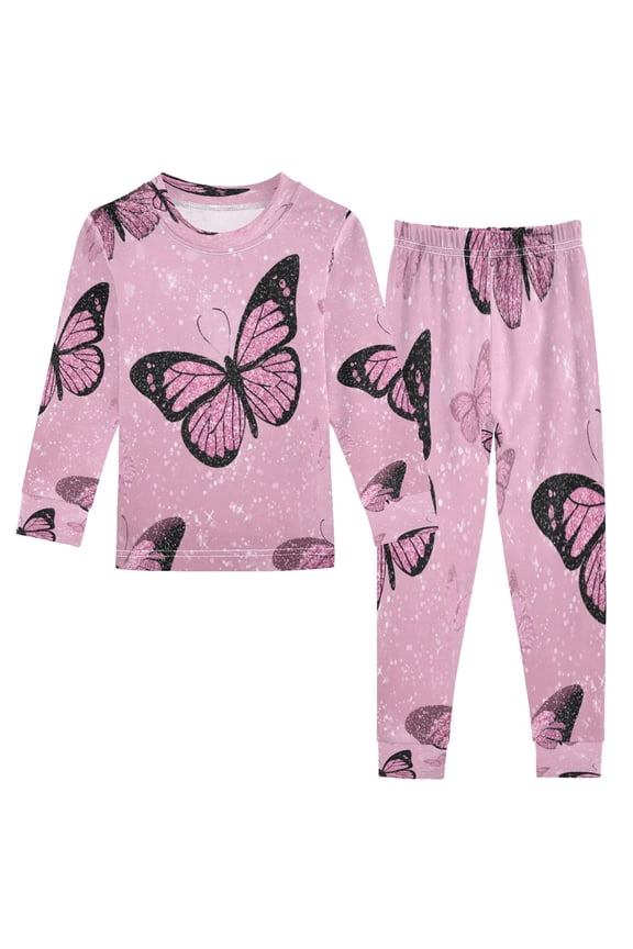 Cotton Pajama Set - 95% Cotton Soft Breathable Elastic Waist Round Neck Sleepwear for 18M-8Y Pink Sequin Butterfly