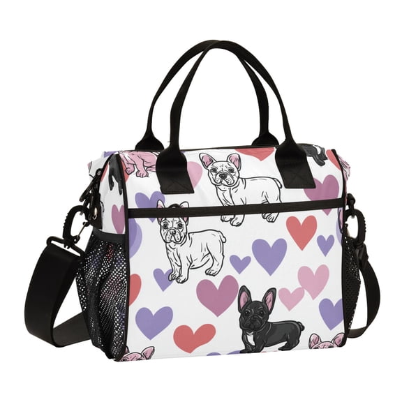 RMDQTR Cute Frenchie Heart Background Large Tote Lunch Bag, Multi-Compartment Waterproof Thermal Food Bag for Commute Office & Picnic Outings
