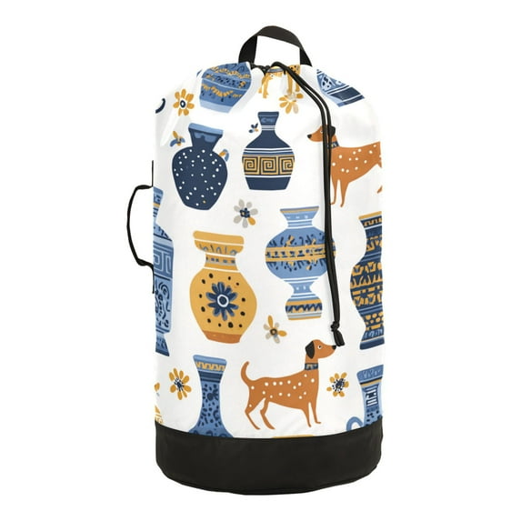 RMDQTR Durable Large Laundry Backpack with Drawstring Closure Ideal for Laundry Trips,Travel&Camping Ancient Greek Vases and Dogs