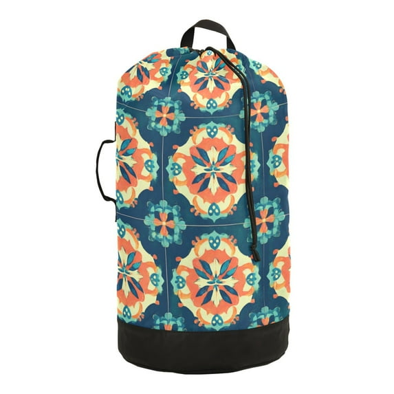 RMDQTR Durable Large Laundry Backpack with Drawstring Closure Ideal for Laundry Trips,Travel&Camping Boho Pattern on Blue