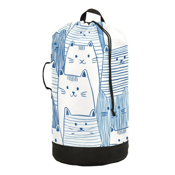 RMDQTR Durable Large Laundry Backpack with Drawstring Closure Ideal for Laundry Trips,Travel&Camping Cute Cat in Blue