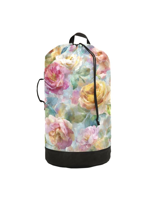 Durable Large Laundry Backpack with Drawstring Closure Ideal for Laundry Trips,Travel&Camping Fantasy Peonies and Roses