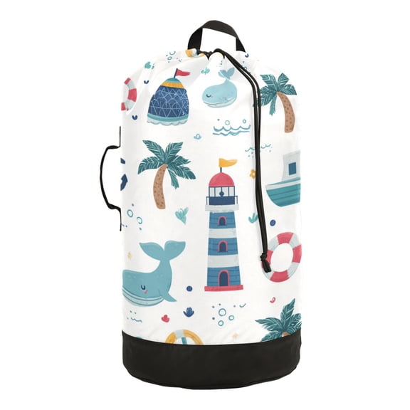 RMDQTR Durable Large Laundry Backpack with Drawstring Closure Ideal for Laundry Trips,Travel&Camping Interesting Marine Symbols