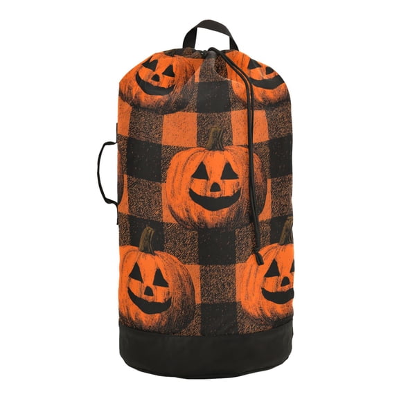 RMDQTR Durable Large Laundry Backpack with Drawstring Closure Ideal for Laundry Trips,Travel&Camping Orange Striped Smiley Pumpkins