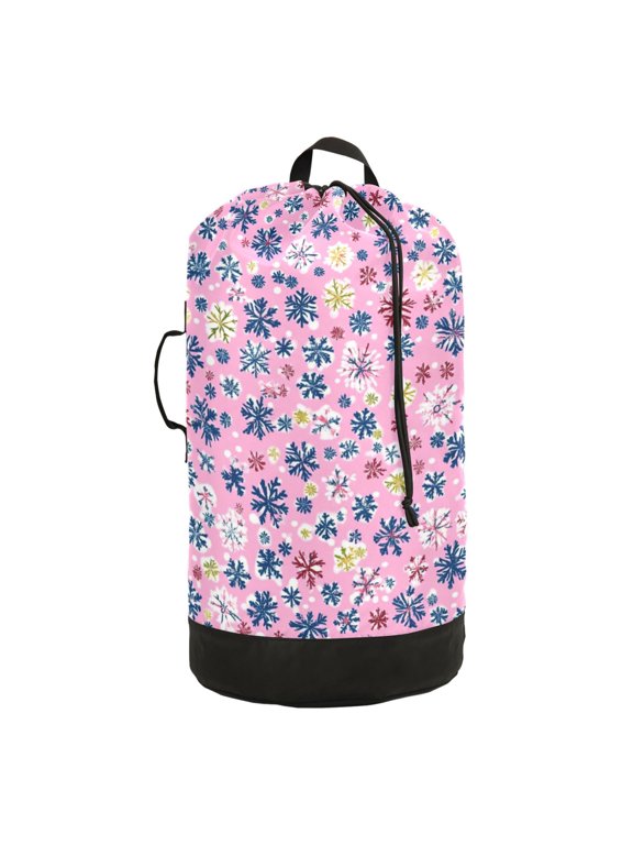 Durable Large Laundry Backpack with Drawstring Closure Ideal for Laundry Trips,Travel&Camping Pink Snowflakes Pattern