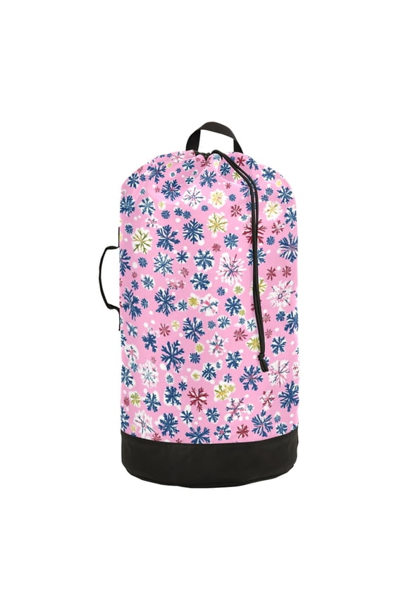 Durable Large Laundry Backpack with Drawstring Closure Ideal for Laundry Trips,Travel&Camping Pink Snowflakes Pattern