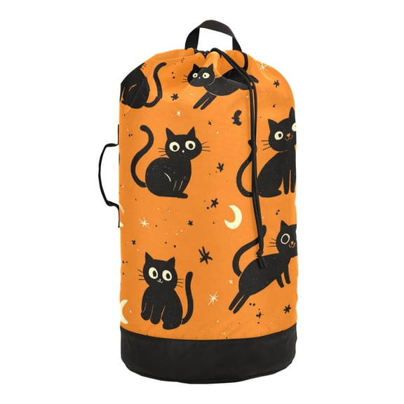 RMDQTR Durable Large Laundry Backpack with Drawstring Closure Ideal for Laundry Trips,Travel&Camping Repetitive Play Black Cat Pattern