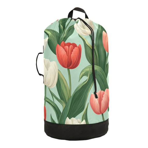 RMDQTR Durable Large Laundry Backpack with Drawstring Closure Ideal for Laundry Trips,Travel&Camping White Red Tulips