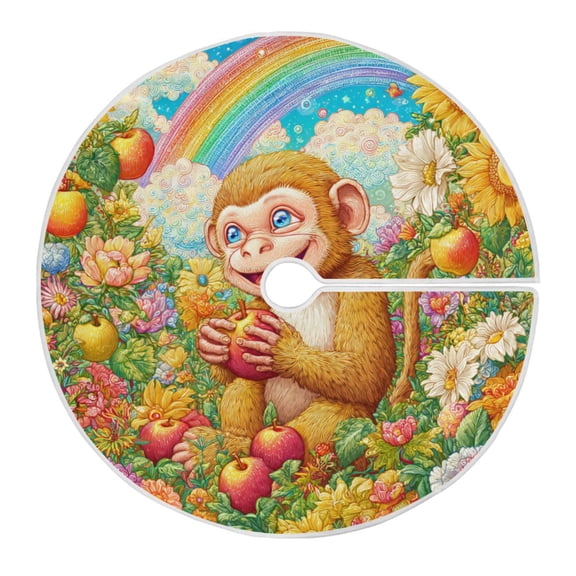 RMDQTR Festive Christmas Tree Skirt35.4x35.4in - Holiday Home Decor for Xmas Party Beautiful Garden and Monkey
