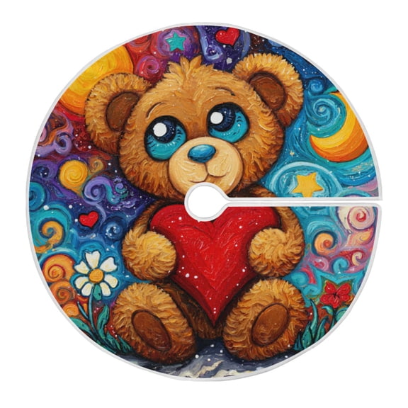 RMDQTR Festive Christmas Tree Skirt35.4x35.4in - Holiday Home Decor for Xmas Party Brown Bear and Red Heart